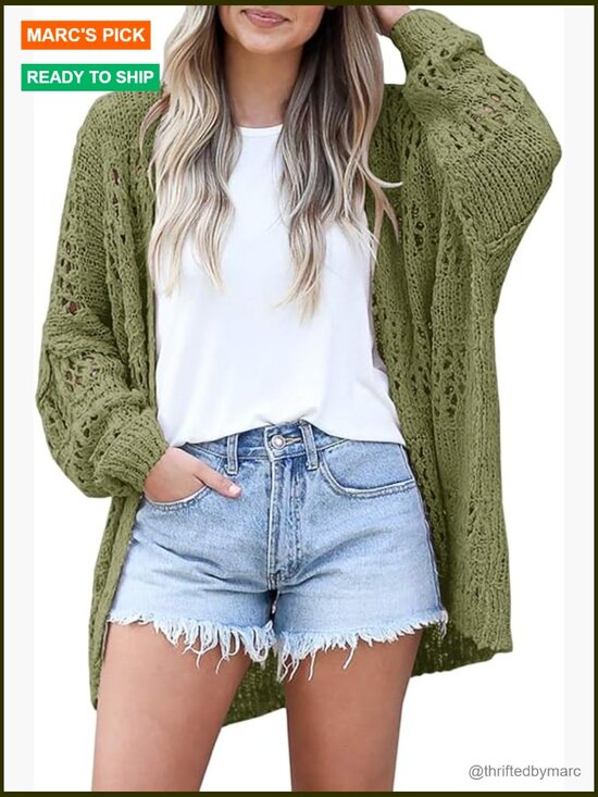 Sweaters - Crochet Cardigan Kimono Boho Long Sleeve Lightweight Oversized Open Front Knit